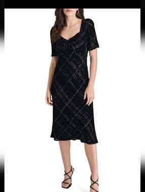 DKNY Black Velvet Burnout Dress Size 6 Short Sleeve V-Neck Midi Evening NWT